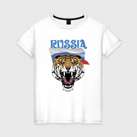 Женская футболка хлопок с принтом Уссурийский русский тигр в Петрозаводске, 100% хлопок | прямой крой, круглый вырез горловины, длина до линии бедер, слегка спущенное плечо | courage | fearlessness | flag | force | muzzle | paws | power | russia | tiger | бесстрашие | лапы | мощь | мужество | отвага | россия | сила | тигр | флаг