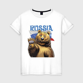 Женская футболка хлопок с принтом Прикольный русский медвежара в Петрозаводске, 100% хлопок | прямой крой, круглый вырез горловины, длина до линии бедер, слегка спущенное плечо | bear | courage | fearlessness | flag | force | muzzle | paws | power | russia | бесстрашие | лапы | медведь | мощь | мужество | отвага | россия | сила | флаг