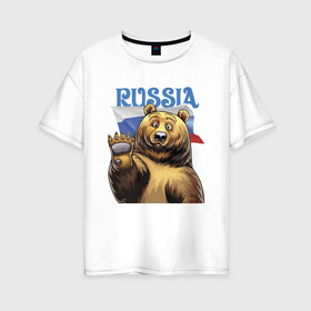 Женская футболка хлопок Oversize с принтом Прикольный русский медвежара в Петрозаводске, 100% хлопок | свободный крой, круглый ворот, спущенный рукав, длина до линии бедер
 | bear | courage | fearlessness | flag | force | muzzle | paws | power | russia | бесстрашие | лапы | медведь | мощь | мужество | отвага | россия | сила | флаг