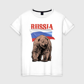 Женская футболка хлопок с принтом Русский свирепый медведь в Петрозаводске, 100% хлопок | прямой крой, круглый вырез горловины, длина до линии бедер, слегка спущенное плечо | bear | courage | fearlessness | flag | force | muzzle | paws | power | russia | бесстрашие | лапы | медведь | мощь | мужество | отвага | россия | сила | флаг