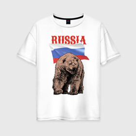 Женская футболка хлопок Oversize с принтом Русский свирепый медведь в Петрозаводске, 100% хлопок | свободный крой, круглый ворот, спущенный рукав, длина до линии бедер
 | bear | courage | fearlessness | flag | force | muzzle | paws | power | russia | бесстрашие | лапы | медведь | мощь | мужество | отвага | россия | сила | флаг