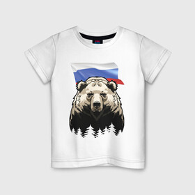 Детская футболка хлопок с принтом Русский спокойный хозяин леса в Петрозаводске, 100% хлопок | круглый вырез горловины, полуприлегающий силуэт, длина до линии бедер | bear | courage | fearlessness | flag | force | forest | muzzle | paws | power | russia | бесстрашие | лапы | лес | медведь | мощь | мужество | отвага | россия | сила | флаг