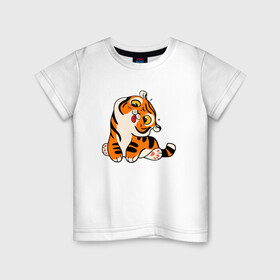 Детская футболка хлопок с принтом Смешной тигренок в Петрозаводске, 100% хлопок | круглый вырез горловины, полуприлегающий силуэт, длина до линии бедер | 2022 | год тигра | новый год | новый год 2022 | символ года | тигр | тигренок | тигрица | тигры