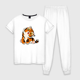 Женская пижама хлопок с принтом Смешной тигренок в Петрозаводске, 100% хлопок | брюки и футболка прямого кроя, без карманов, на брюках мягкая резинка на поясе и по низу штанин | 2022 | год тигра | новый год | новый год 2022 | символ года | тигр | тигренок | тигрица | тигры