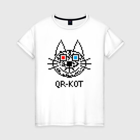 Женская футболка хлопок с принтом QR кот в стерео очках. в Петрозаводске, 100% хлопок | прямой крой, круглый вырез горловины, длина до линии бедер, слегка спущенное плечо | 3d | head | kitten | kote | pixels | qr cat | qr code | qr код | qr кот | watching a movie | голова | котенок | котэ | кошка | пиксели | смотрит кино | стерео очки