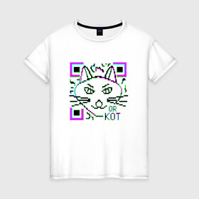Женская футболка хлопок с принтом QR-Кот 3D в Петрозаводске, 100% хлопок | прямой крой, круглый вырез горловины, длина до линии бедер, слегка спущенное плечо | 3d | 3д | qr код | qr кот | ковид | кот | кошка | кьюар код | кьюард кот | мемы qr | мемы кот | прикол