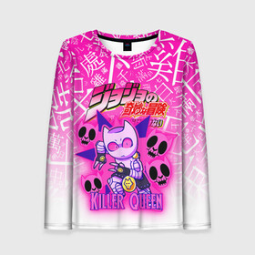 Женский лонгслив 3D с принтом JOJO   KILLER QUEEN   КОРОЛЕВА УБИЙЦА   GRADIENT в Петрозаводске, 100% полиэстер | длинные рукава, круглый вырез горловины, полуприлегающий силуэт | adventure | jojo | jojos bizarre | jojos bizarre adventure | killer queen | pattern | yare yare daze | аниме | брызги | джоджо | манга | узор | яре яре дазе