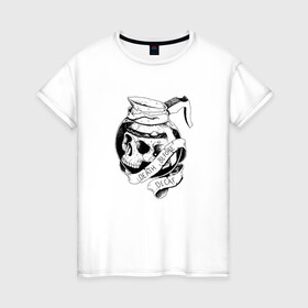 Женская футболка хлопок с принтом Смерть без кофеина в Петрозаводске, 100% хлопок | прямой крой, круглый вырез горловины, длина до линии бедер, слегка спущенное плечо | Тематика изображения на принте: бариста | кофе | кофейня | скелет | униформа | череп
