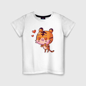 Детская футболка хлопок с принтом влюбленный тигренок LOVE в Петрозаводске, 100% хлопок | круглый вырез горловины, полуприлегающий силуэт, длина до линии бедер | Тематика изображения на принте: 2022 | год тигра | новый год | новый год 2022 | символ года | тигр | тигренок | тигрица | тигры