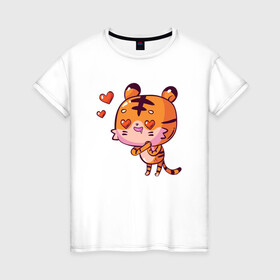 Женская футболка хлопок с принтом влюбленный тигренок LOVE в Петрозаводске, 100% хлопок | прямой крой, круглый вырез горловины, длина до линии бедер, слегка спущенное плечо | 2022 | год тигра | новый год | новый год 2022 | символ года | тигр | тигренок | тигрица | тигры