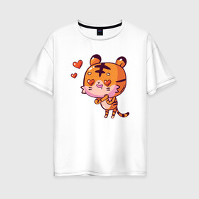 Женская футболка хлопок Oversize с принтом влюбленный тигренок LOVE в Петрозаводске, 100% хлопок | свободный крой, круглый ворот, спущенный рукав, длина до линии бедер
 | 2022 | год тигра | новый год | новый год 2022 | символ года | тигр | тигренок | тигрица | тигры