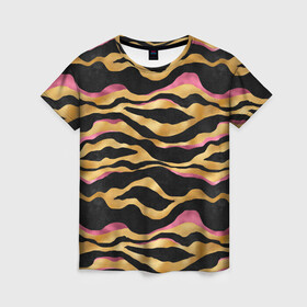 Женская футболка 3D с принтом тигровый окрас Gold   Pink в Петрозаводске, 100% полиэфир ( синтетическое хлопкоподобное полотно) | прямой крой, круглый вырез горловины, длина до линии бедер | 2022 | год тигра | новый год | новый год 2022 | символ года | тигр | тигренок | тигрица | тигры