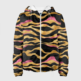 Женская куртка 3D с принтом тигровый окрас Gold Pink в Петрозаводске, ткань верха — 100% полиэстер, подклад — флис | прямой крой, подол и капюшон оформлены резинкой с фиксаторами, два кармана без застежек по бокам, один большой потайной карман на груди. Карман на груди застегивается на липучку | Тематика изображения на принте: 2022 | год тигра | новый год | новый год 2022 | символ года | тигр | тигренок | тигрица | тигры