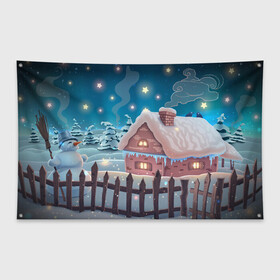Флаг-баннер с принтом Домик в деревне в Петрозаводске, 100% полиэстер | размер 67 х 109 см, плотность ткани — 95 г/м2; по краям флага есть четыре люверса для крепления | new year | арт | графика | деревня | дом | зима | новый год | рождество | снеговик