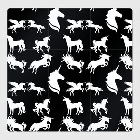 Магнитный плакат 3Х3 с принтом Белые единороги на черном фоне в Петрозаводске, Полимерный материал с магнитным слоем | 9 деталей размером 9*9 см | единорог | животные | звери | узор | чернобелый