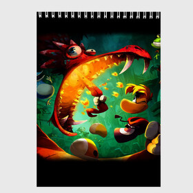 Скетчбук с принтом Rayman Legend в Петрозаводске, 100% бумага
 | 48 листов, плотность листов — 100 г/м2, плотность картонной обложки — 250 г/м2. Листы скреплены сверху удобной пружинной спиралью | Тематика изображения на принте: аркада | дракон | игра | кулак | рейман