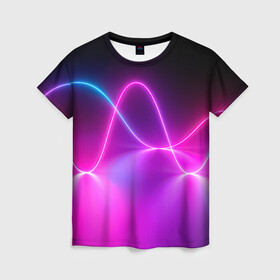 Женская футболка 3D с принтом Лучи света pink theme в Петрозаводске, 100% полиэфир ( синтетическое хлопкоподобное полотно) | прямой крой, круглый вырез горловины, длина до линии бедер | Тематика изображения на принте: абстрактные | волна | волна света | излучение | киберпанк | лучи | лучи света | неон | неоновые принты | рисунок | свет