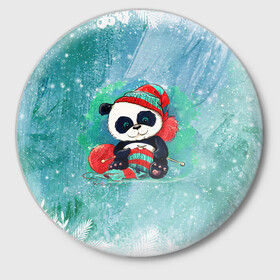 Значок с принтом Панда вяжет в Петрозаводске,  металл | круглая форма, металлическая застежка в виде булавки | Тематика изображения на принте: new year | арт | вязание | графика | зима | новый год | панда | рождество
