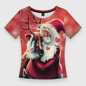 Женская футболка 3D Slim с принтом Santa and deer в Петрозаводске,  |  | new year | арт | графика | дед мороз | зима | новый год | олень | рождество | санта