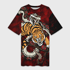 Платье-футболка 3D с принтом Тигр со Змеёй 2022 в Петрозаводске,  |  | борьба | вектор | змея | противостояние | тигр