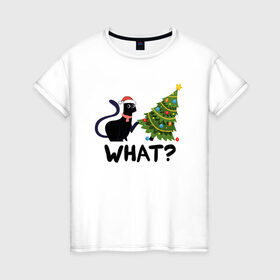 Женская футболка хлопок с принтом КОТЕЙКА И ЁЛКА в Петрозаводске, 100% хлопок | прямой крой, круглый вырез горловины, длина до линии бедер, слегка спущенное плечо | 2022 | cat | cats | christmas | cold | garland | klaus | mem | meme | memes | merry | new | santa | snow | what | winter | year | герлянды | гирлянда | год | елка | ёлки | ель | зима | клаус | кот | котейка | котенок | котик | котэ | кошка 