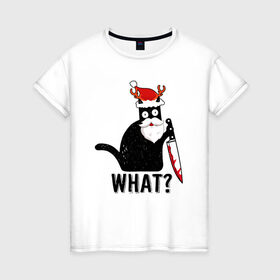 Женская футболка хлопок с принтом НОВОГОДНИЙ WHAT CAT в Петрозаводске, 100% хлопок | прямой крой, круглый вырез горловины, длина до линии бедер, слегка спущенное плечо | 2022 | cat | cats | christmas | cold | garland | klaus | mem | meme | memes | merry | new | santa | snow | what | winter | year | герлянды | гирлянда | год | зима | клаус | кот | котейка | котенок | котик | котэ | кошка | мем | мемы | мороз