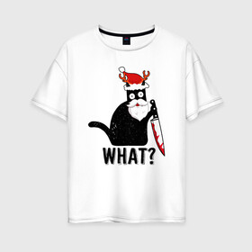 Женская футболка хлопок Oversize с принтом НОВОГОДНИЙ WHAT CAT в Петрозаводске, 100% хлопок | свободный крой, круглый ворот, спущенный рукав, длина до линии бедер
 | 2022 | cat | cats | christmas | cold | garland | klaus | mem | meme | memes | merry | new | santa | snow | what | winter | year | герлянды | гирлянда | год | зима | клаус | кот | котейка | котенок | котик | котэ | кошка | мем | мемы | мороз