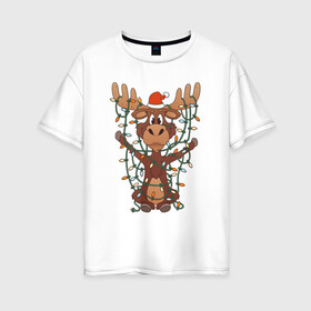 Женская футболка хлопок Oversize с принтом НОВОГОДНИЙ ОЛЕНЬ CHRISTMAS DEER в Петрозаводске, 100% хлопок | свободный крой, круглый ворот, спущенный рукав, длина до линии бедер
 | 2022 | christmas | cold | deer | klaus | mem | meme | memes | merry | new | santa | snow | what | winter | year | гирлянды | год | зима | клаус | мем | мемы | мороз | новый | олень | рождество | санта | снег | холод | что