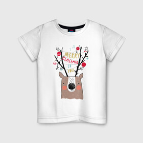 Детская футболка хлопок с принтом Рогатый О в Петрозаводске, 100% хлопок | круглый вырез горловины, полуприлегающий силуэт, длина до линии бедер | голова | новый год | олень | рога | рождество
