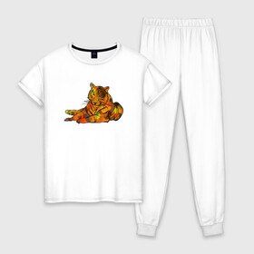Женская пижама хлопок с принтом Акварельный тигр 2022 в Петрозаводске, 100% хлопок | брюки и футболка прямого кроя, без карманов, на брюках мягкая резинка на поясе и по низу штанин | дикие кошки | новый год | символ года | тигр | тигренок