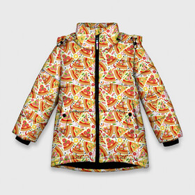 Зимняя куртка для девочек 3D с принтом Пицца (Pizza) в Петрозаводске, ткань верха — 100% полиэстер; подклад — 100% полиэстер, утеплитель — 100% полиэстер. | длина ниже бедра, удлиненная спинка, воротник стойка и отстегивающийся капюшон. Есть боковые карманы с листочкой на кнопках, утяжки по низу изделия и внутренний карман на молнии. 

Предусмотрены светоотражающий принт на спинке, радужный светоотражающий элемент на пуллере молнии и на резинке для утяжки. | Тематика изображения на принте: fast food | pizza | pizzeria | блюдо | быстрое питание | еда | жратва | завтрак | застол | ингредиенты для пиццы | итальянская еда | корм | кухня | кушанье | лепёшка | обед | перекус | пирог | пицца | пиццерия | пища