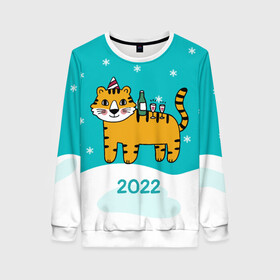 Женский свитшот 3D с принтом Новогодний стол - тигр в Петрозаводске, 100% полиэстер с мягким внутренним слоем | круглый вырез горловины, мягкая резинка на манжетах и поясе, свободная посадка по фигуре | 2022 | год тигра | новый год | новый год 2022 | символ года | тигр | тигренок | тигрица | тигры