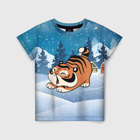 Детская футболка 3D с принтом Тигренок подтягивается в Петрозаводске, 100% гипоаллергенный полиэфир | прямой крой, круглый вырез горловины, длина до линии бедер, чуть спущенное плечо, ткань немного тянется | 2022 | год тигра | новый год | новый год 2022 | символ года | тигр | тигренок | тигрица | тигры