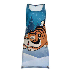 Платье-майка 3D с принтом Тигренок подтягивается в Петрозаводске, 100% полиэстер | полуприлегающий силуэт, широкие бретели, круглый вырез горловины, удлиненный подол сзади. | 2022 | год тигра | новый год | новый год 2022 | символ года | тигр | тигренок | тигрица | тигры