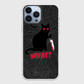 Чехол для iPhone 13 Pro Max с принтом What Кот убийца в Петрозаводске,  |  | bats | blood | cat | halloween | killer | maniac | what | with a knife | кот | кошка | кровь | летучие мыши | с ножом | хеллоуин | что