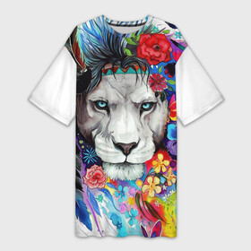 Платье-футболка 3D с принтом Лев  сильный взгляд в Петрозаводске,  |  | art | lions | арт | животные | львы | перья | рисунок | цветы