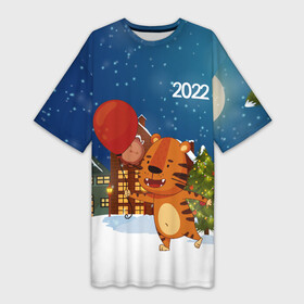 Платье-футболка 3D с принтом Тигр с воздушным шариком в Петрозаводске,  |  | 2022 | год тигра | новый год | новый год 2022 | символ года | тигр | тигренок | тигрица | тигры