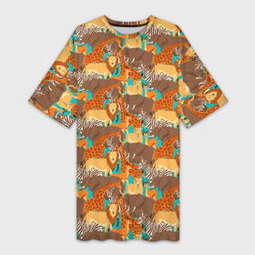 Платье-футболка 3D с принтом Дикие Животные в Петрозаводске,  |  | animals | safari | zoo | дикая природа | дикие животные | животные | жираф | звери | зебра | зоопарк | лев | сафари | следы от лап | слон