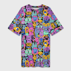 Платье-футболка 3D с принтом Разные Мультяшные Животные в Петрозаводске,  |  | animals | safari | zoo | детские | дикая природа | животные | жираф | звери | зверюшки | зебра | зоопарк | лев | мультики | сафари | слон