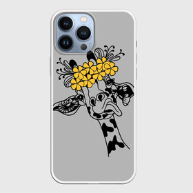 Чехол для iPhone 13 Pro Max с принтом Жираф показывает язык в Петрозаводске,  |  | Тематика изображения на принте: african | funny | giraffe | on the head | shows tongue | wreath | yellow flowers | африканский | венок | весёлый | жёлтые цветы | жираф | на голове | показывает | язык