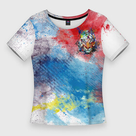 Женская футболка 3D Slim с принтом Красочный лев на цветном облаке в Петрозаводске,  |  | животные | краски | красочно | лев | радуга