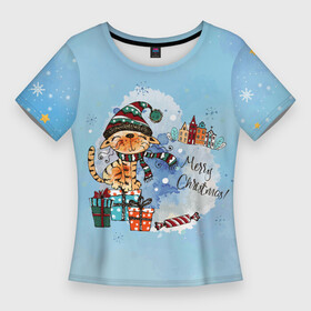 Женская футболка 3D Slim с принтом Акварельный КотэКлаус в Петрозаводске,  |  | new year | арт | графика | зима | котэ | новый год | рождество | санта