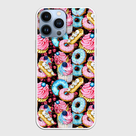 Чехол для iPhone 13 Pro Max с принтом Узор из сладостей на черном фоне в Петрозаводске,  |  | donuts | акварель | вкусные | вкусный | десерты | донатс | капкейки | пончики | сладкое | сладости | съедобные | темный | черный