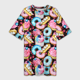 Платье-футболка 3D с принтом Узор из сладостей на черном фоне в Петрозаводске,  |  | donuts | акварель | вкусные | вкусный | десерты | донатс | капкейки | пончики | сладкое | сладости | съедобные | темный | черный