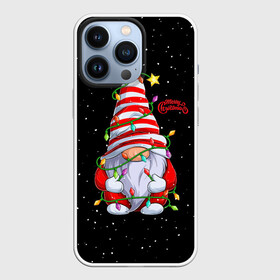 Чехол для iPhone 13 Pro с принтом Новогодний Гном с гирляндой   Gnome and Christmas lights в Петрозаводске,  |  | christmas | dwarf | gnom | гирлянда | гном | лампочка | новый год | огоньки | рождество