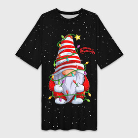 Платье-футболка 3D с принтом Новогодний Гном с гирляндой  Gnome and Christmas lights в Петрозаводске,  |  | christmas | dwarf | gnom | гирлянда | гном | лампочка | новый год | огоньки | рождество