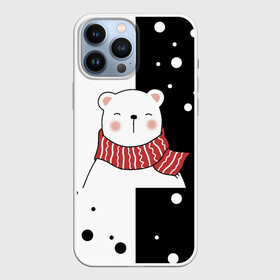 Чехол для iPhone 13 Pro Max с принтом ЧЁРНО БЕЛЫЙ МИШКА в Петрозаводске,  |  | белый | горошек | зима | медведь | милый | мишка | подарок | прикол | пушистый | фон | чб | черный | шарф