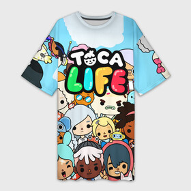 Платье-футболка 3D с принтом Toca LIFE персонажи в Петрозаводске,  |  | toca boca | toca life | детская игра | игра | лого | логотип | персонажи | прикоснуться ко рту | тока бока