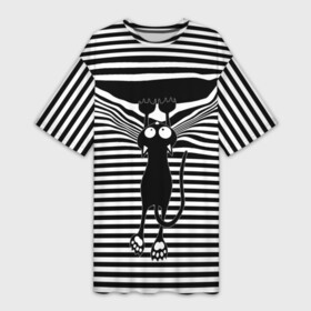 Платье-футболка 3D с принтом Кот рвет тельняшку в Петрозаводске,  |  | cat | hung | mad cat | stripes | tears | vest | бешеный кот | кошка | повис | полосы | рвет | тельняшка
