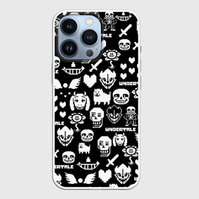 Чехол для iPhone 13 Pro с принтом UNDERTALE PATTERN БЕЛЫЙ в Петрозаводске,  |  | asriel dreemurr | chara | frisk | gaster blaster | heart | sans | undertale | азриэль дримурр | андертейл | гастер | меттатон | санс | сердце | фриск | чара